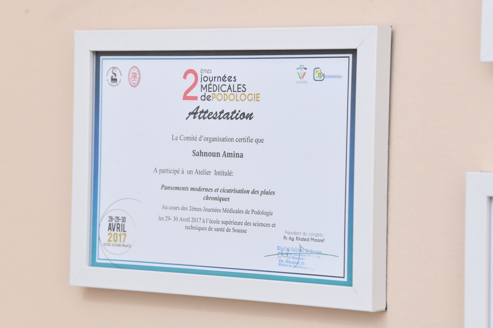 certificate d'attestation dans le 2eme journeés médical de podologie